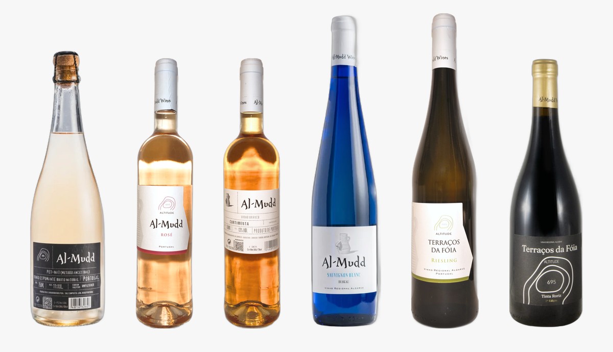 Seis vinhos: Al-Mudd Pét-Nat, Al-Mudd Altitude Rosé, Al-Mudd Curtimenta, Al-Mudd Sauvignon Blanc de Burgau, Terraços da Fóia Altitude Riesling e Terraços da Fóia Altitude Tinta Roriz